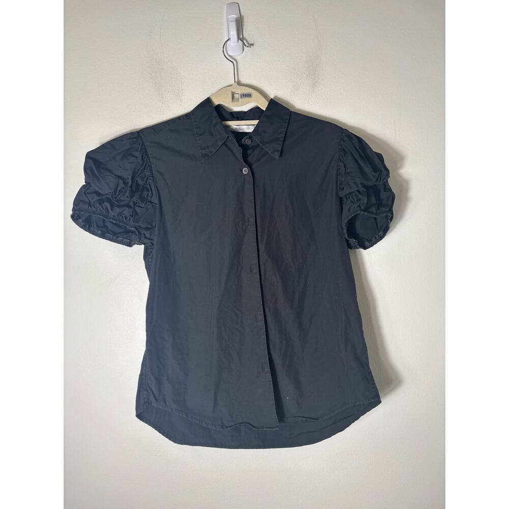 Mona Thalheimer Black Short Puff Sleeve Button Up Cotton Shirt Sz  S